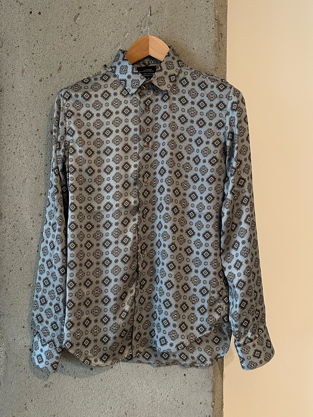Zara Men's Grey Flowy Geometric Print Super Slim Fit Dress Shirt S